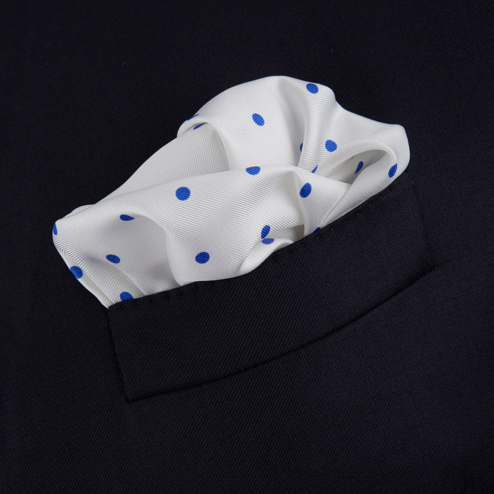 White and Blue Spot Silk Pocket Square