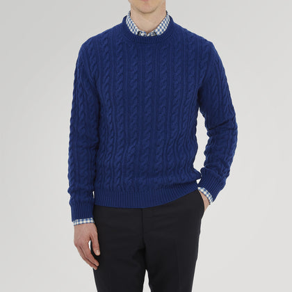 Blue Crew Neck Cable Knit Cashmere Jumper