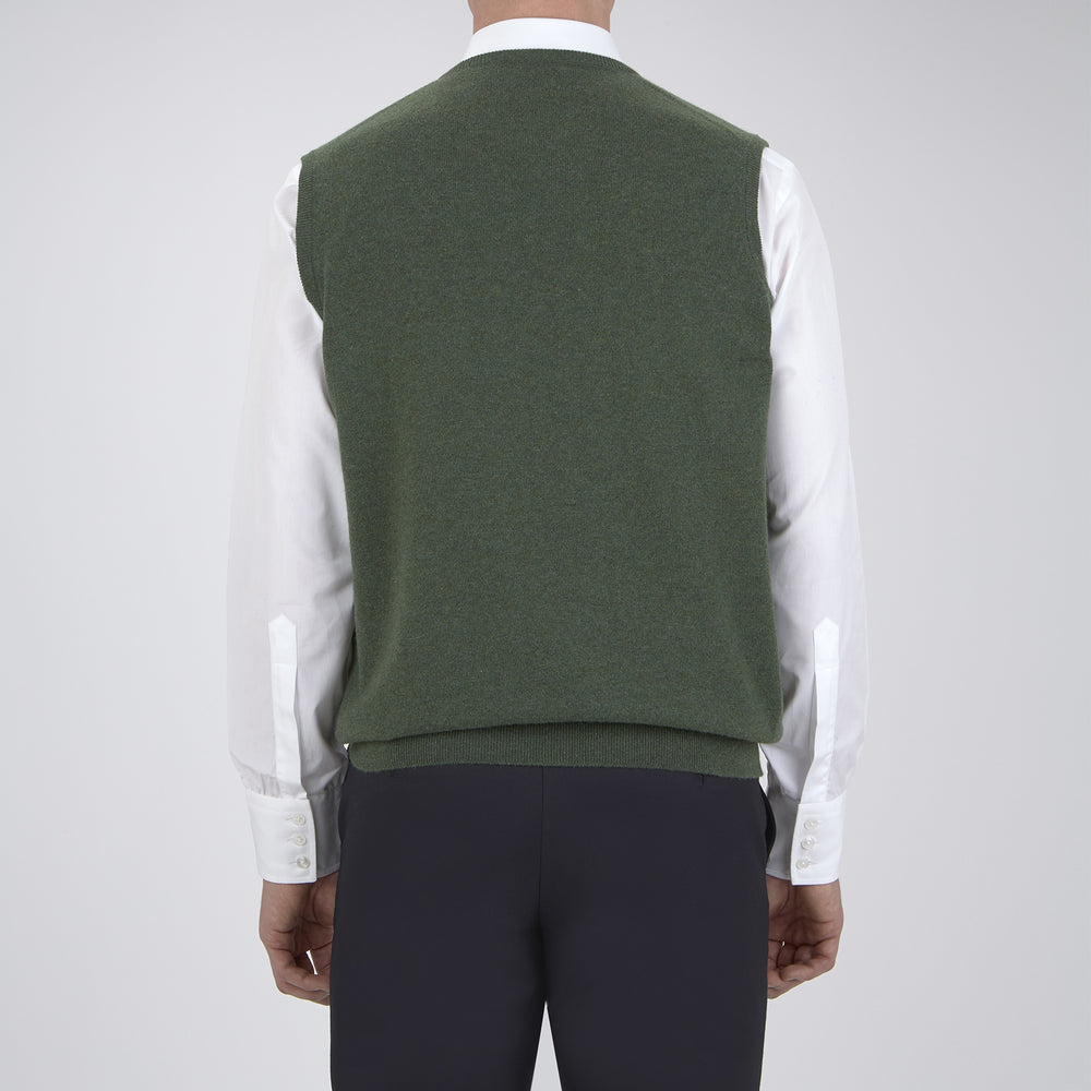 The Turnbull & Asser Green V-Neck Cashmere Slipover is neatly folded with the brand and size tag visible, displayed flat on a plain white background.