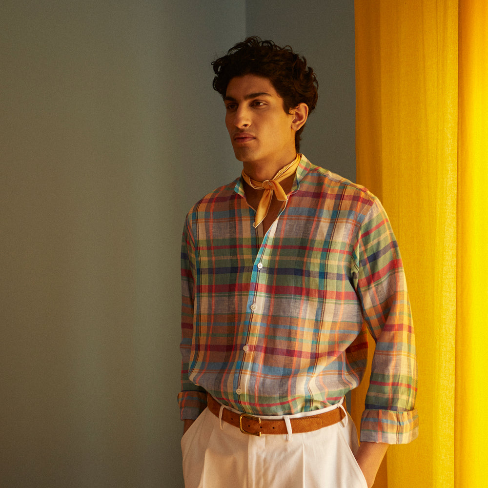 Red and Teal Madras Check Weekend Fit Linen Shirt with Stand Collar and 1-Button Cuff