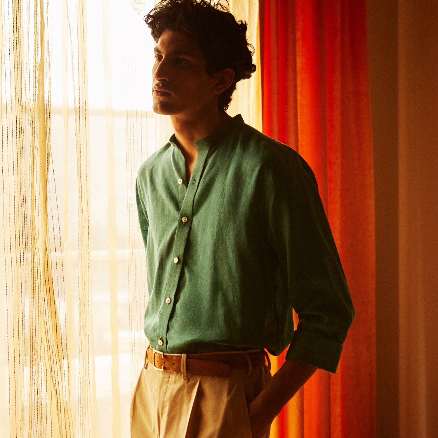 Teal Weekend Fit Long Sleeve Linen Shirt with Stand Collar and 1-Button Cuff