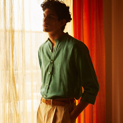 Teal Weekend Fit Long Sleeve Linen Shirt with Stand Collar and 1-Button Cuff