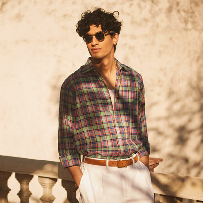 Green and Red Madras Check Weekend Fit Linen Shirt with Derby Collar and 1-Button Cuff