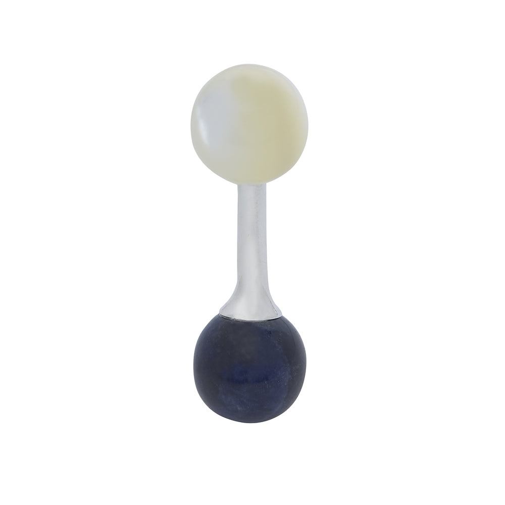 Turnbull & Asser Reversible Navy and White Bulb Sterling Silver Cufflinks feature curved silver stems with one navy and one mother-of-pearl round end per cufflink—an elegant black tie accessory, shown on a plain white background.