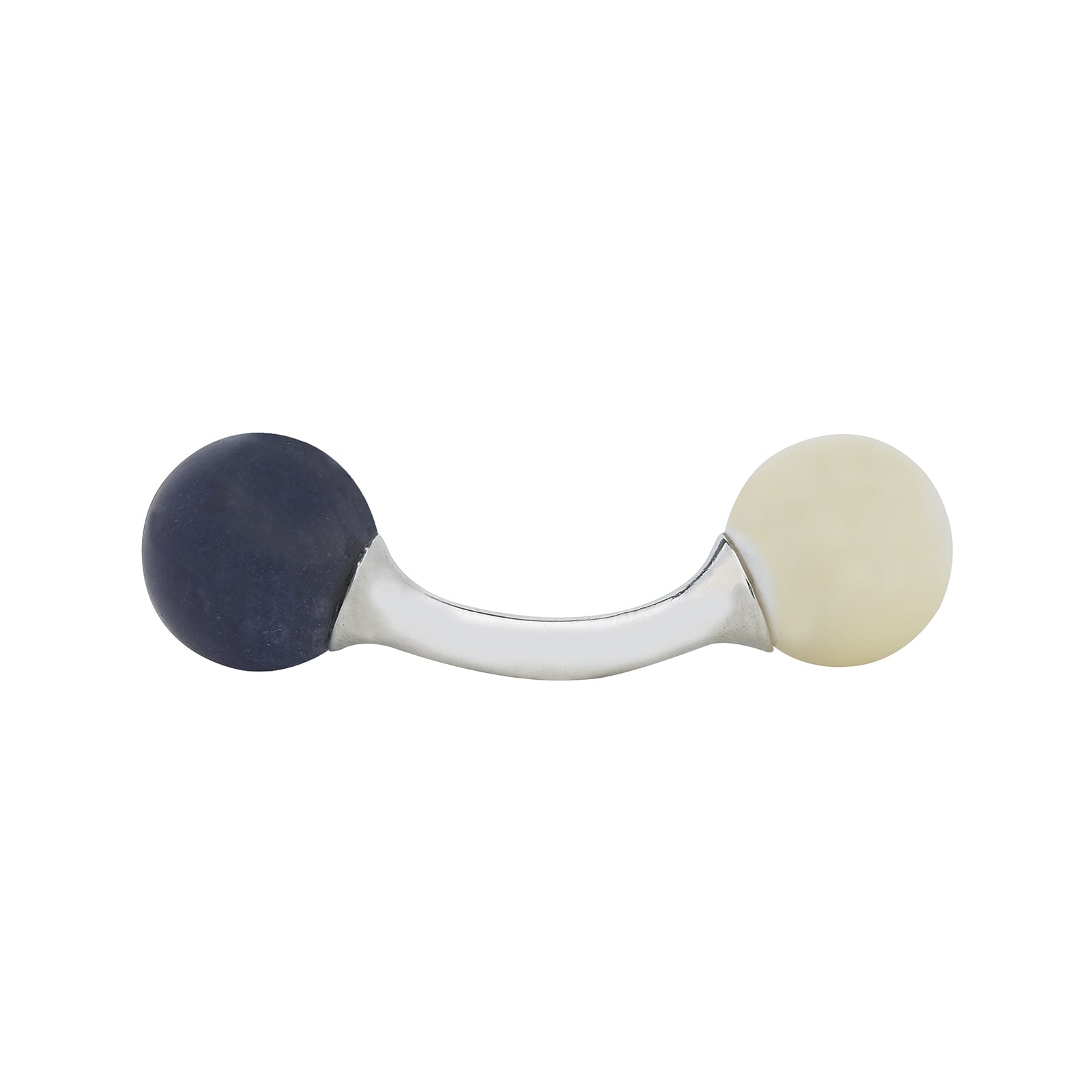 View 2 of product Turnbull & Asser Reversible Navy and White Bulb Sterling Silver Cufflinks feature curved silver stems with one navy and one mother-of-pearl round end per cufflink—an elegant black tie accessory, shown on a plain white background.
