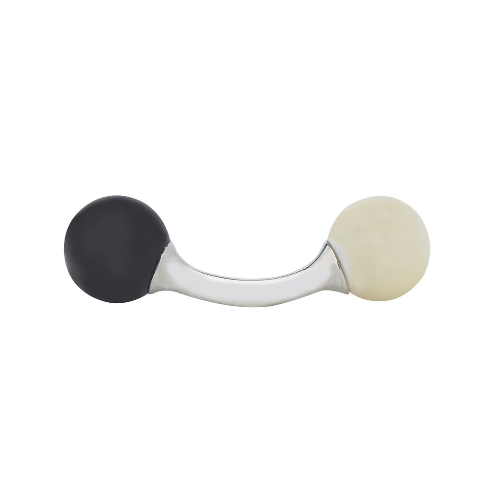 Turnbull & Asser's Reversible Onyx and Mother-of-Pearl Bulb Sterling Silver Cufflinks have curved bars with black onyx on one end and white mother-of-pearl on the other, perfect for elevating a black tie look. Shown on a plain white background.