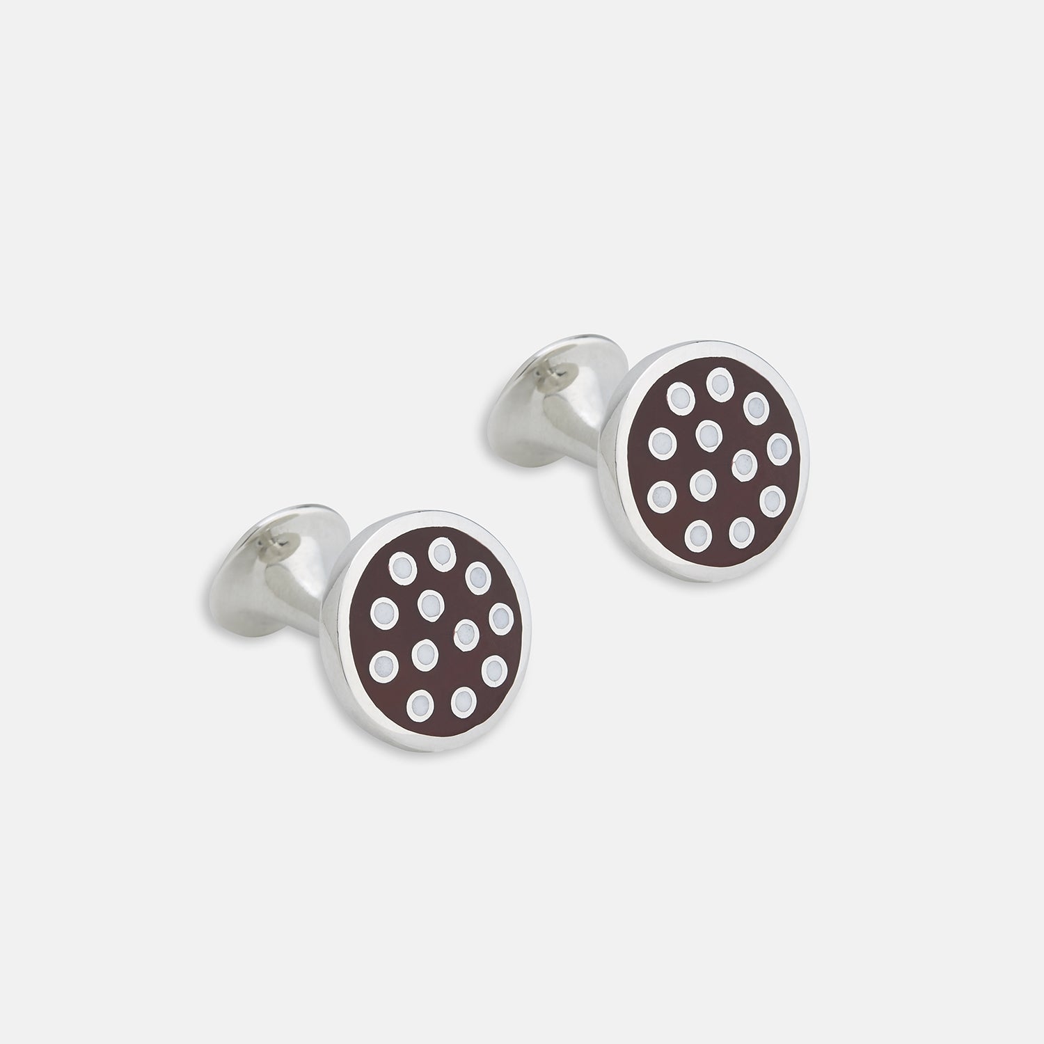 View 1 of product Turnbull & Asser’s Spotted Burgundy and White Sterling Silver Enamelled Cufflinks add subtle sophistication to your smart attire with a stylish dot pattern on a rich background.