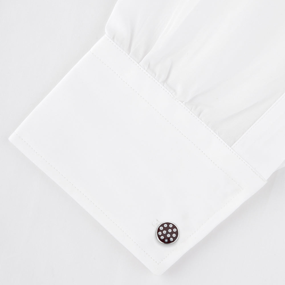Turnbull & Asser’s Spotted Burgundy and White Sterling Silver Enamelled Cufflinks add subtle sophistication to your smart attire with a stylish dot pattern on a rich background.