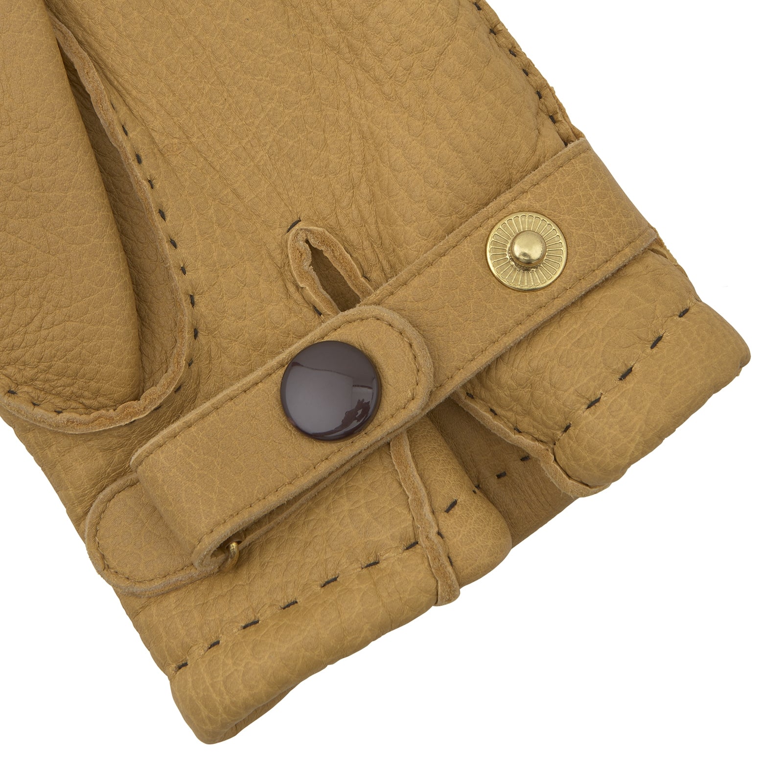 View 2 of product Turnbull & Asser Camel Deerskin Leather Gloves feature visible stitching and decorative lines on the back, shown against a white background to highlight their timeless casual style.