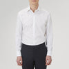 View 2 of product The Turnbull & Asser White Superfine Oxford Cotton Shirt features a T&A collar, double cuffs, and a left chest pocket. Displayed on a light gray background, it includes a visible label inside the collar—ideal for smart evening wear.