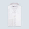 View 1 of product The Turnbull & Asser White Superfine Oxford Cotton Shirt features a T&A collar, double cuffs, and a left chest pocket. Displayed on a light gray background, it includes a visible label inside the collar—ideal for smart evening wear.