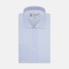 View 1 of product Turnbull & Asser's Tailored Fit Two-Fold 120 Light Blue Shirt features a classic Kent collar, white buttons, long sleeves with 2-button cuffs, and an inner collar label.