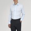 View 2 of product Turnbull & Asser's Tailored Fit Two-Fold 120 Light Blue Shirt features a classic Kent collar, white buttons, long sleeves with 2-button cuffs, and an inner collar label.