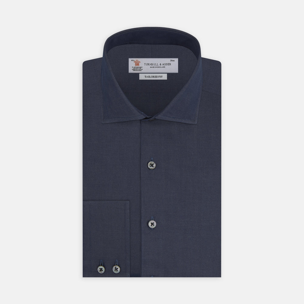 Tailored Fit Navy Cashmere Blend Shirt with Kent Collar and 2-Button Cuffs