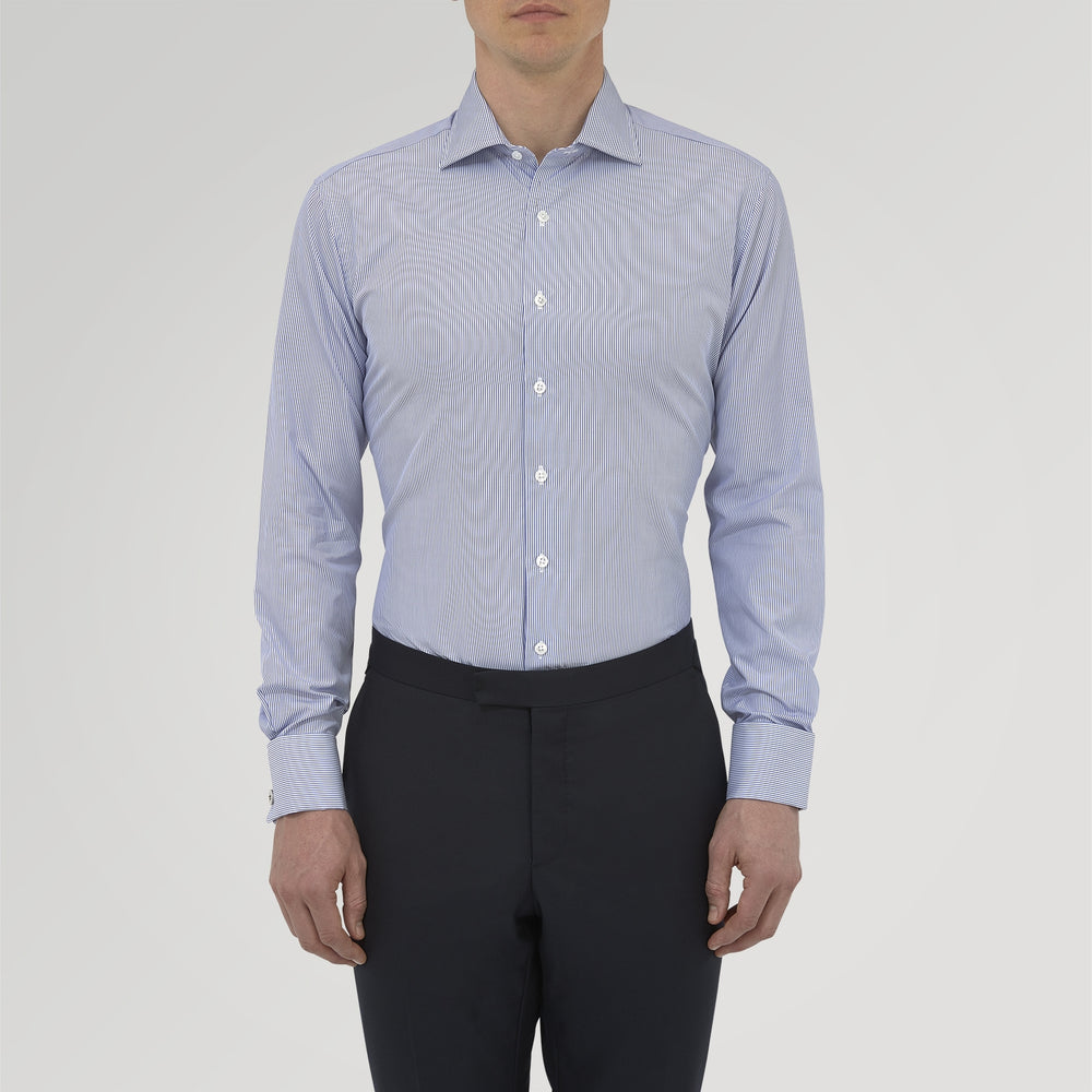Tailored Fit Blue Fine Bengal Stripe Cotton Shirt with Kent Collar and Double Cuffs
