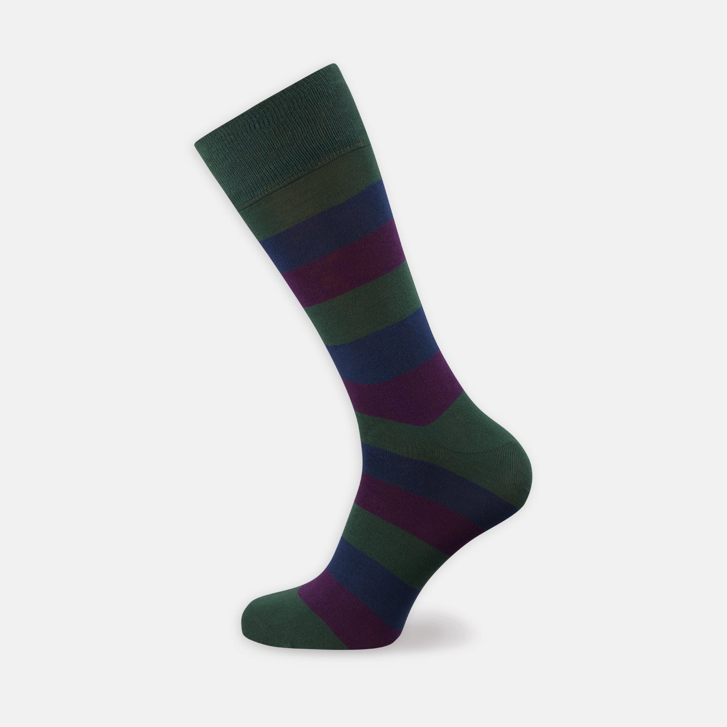 View 1 of product The Turnbull & Asser Plum, Forest Green and Navy Cotton Mix Short Sock features bold stripes in deep hues, shown on a white background as if worn on a left foot.