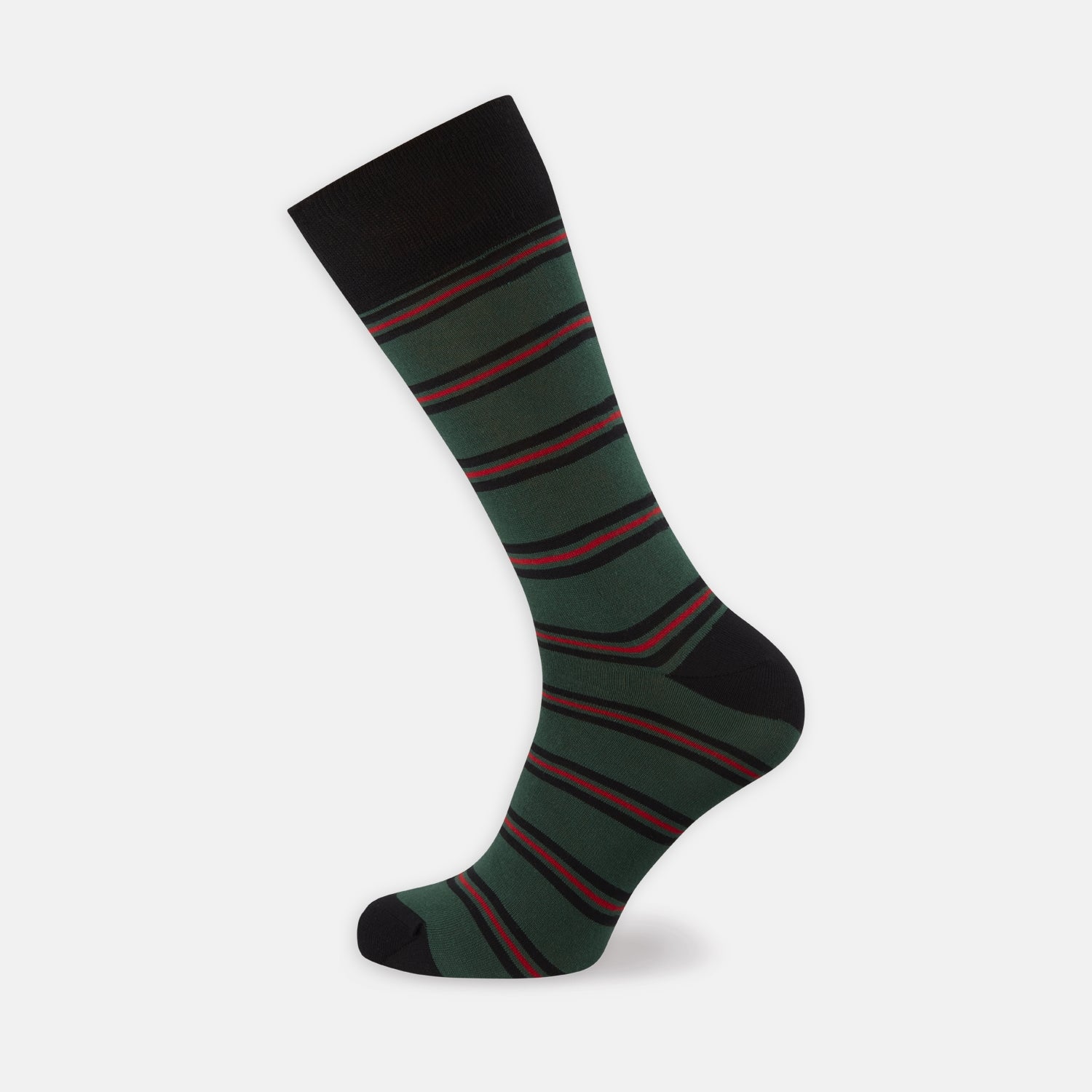 View 1 of product The Turnbull & Asser Forest Green, Black and Red Stripe Cotton Mix Short Sock features a black toe, heel, and cuff—comfortably made in Britain—shown on a plain white background.