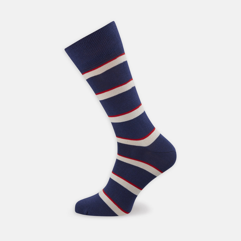 A Turnbull & Asser Navy, Red and White Stripe Cotton Mix Short Sock is shown on a white background, featuring thick white stripes with thin red lines. Made in Britain.