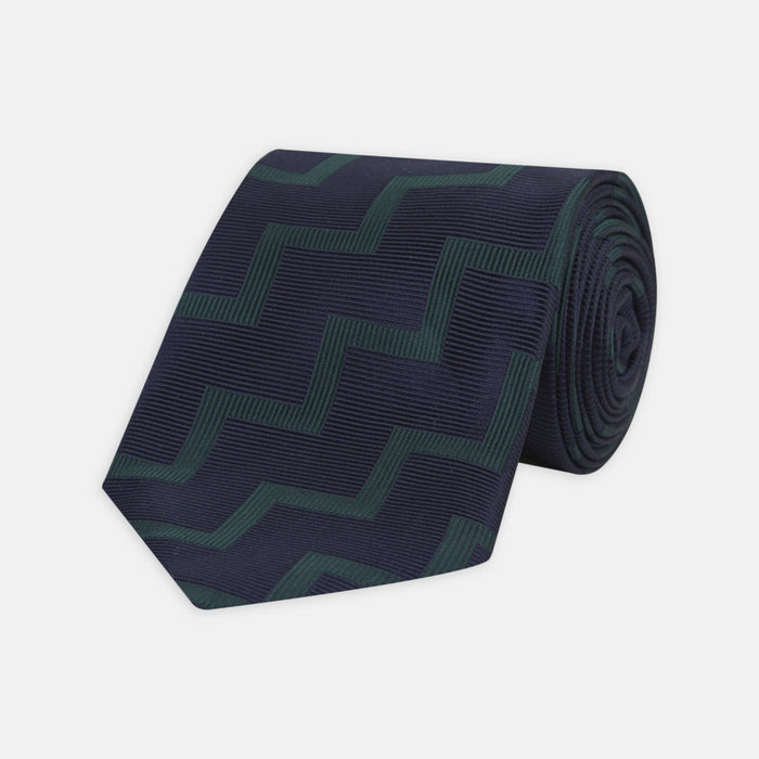 Navy and Forest Green Striped Zigzag Silk Tie