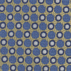 View 3 of product The Gold and Blue Circle and Spot Silk Tie by Turnbull & Asser features blue silk adorned with yellow and white circles and lines, rolled neatly on a light background—an elegant choice for complementing any office shirt.