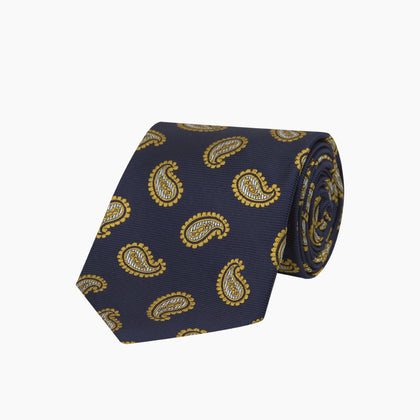 Navy and Gold Floating Paisley Silk Tie Image 4