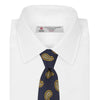 View 2 of product The Turnbull & Asser Navy and Gold Floating Paisley Silk Tie features a repeating yellow and white paisley pattern, shown rolled with the pointed end facing forward against a white background.