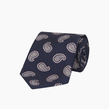 Navy and Light Pink Floating Paisley Silk Tie Image 4