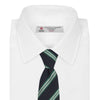 View 2 of product The Turnbull & Asser Navy, Green and White Multi Repp Stripe Silk Tie features elegant diagonal stripes, making it a classic accessory for any occasion. Shown rolled on a white background.