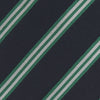 View 3 of product The Turnbull & Asser Navy, Green and White Multi Repp Stripe Silk Tie features elegant diagonal stripes, making it a classic accessory for any occasion. Shown rolled on a white background.