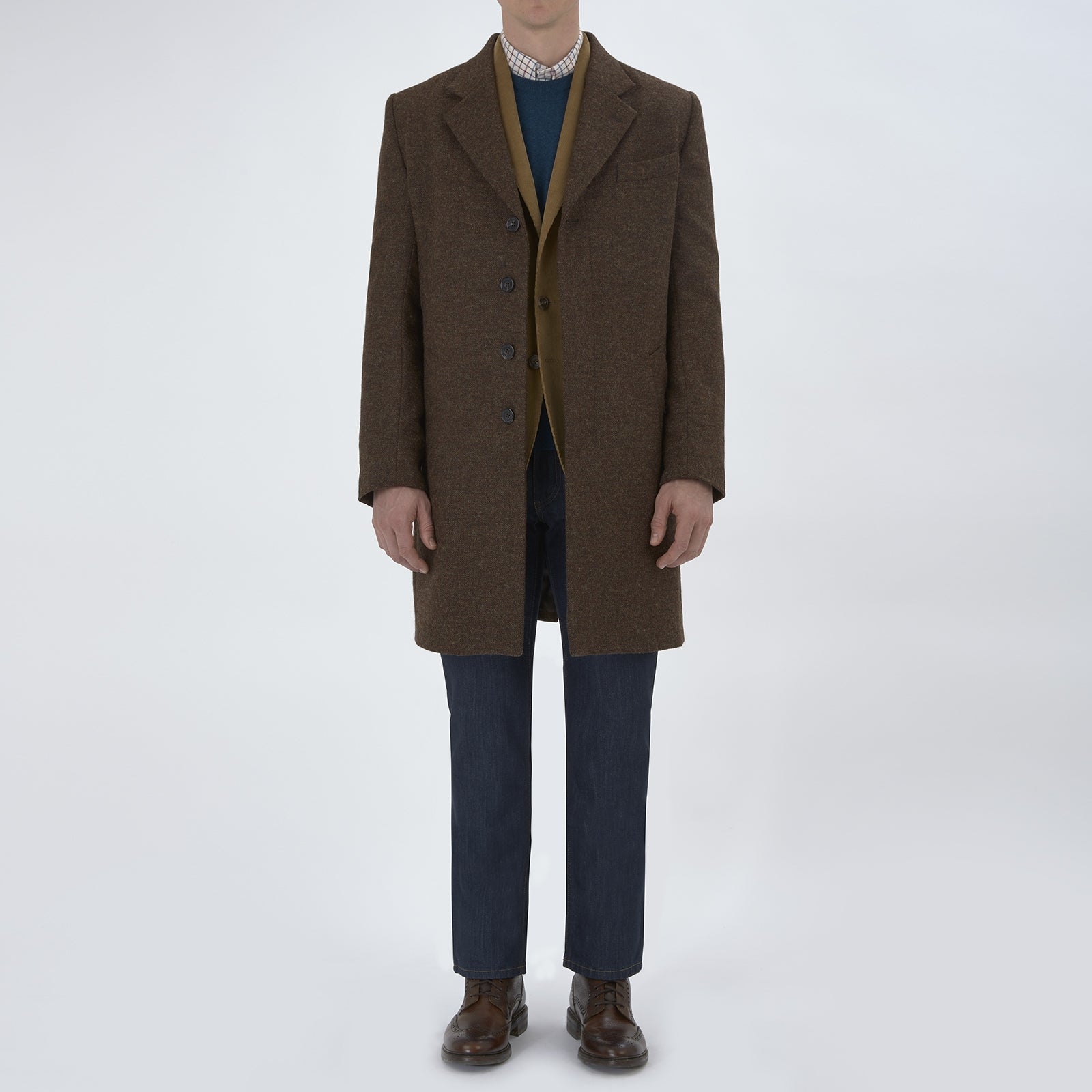 View 2 of product The Hopton Brown Herringbone Wool Coat by Turnbull & Asser is displayed against a white background.