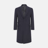 View 1 of product The Turnbull & Asser Navy Lambswool Joseph Overcoat, a men's knee-length coat with notched lapels, a single-breasted front, and three flap pockets per side, is shown against a plain white background.