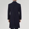 View 3 of product The Turnbull & Asser Navy Lambswool Joseph Overcoat, a men's knee-length coat with notched lapels, a single-breasted front, and three flap pockets per side, is shown against a plain white background.