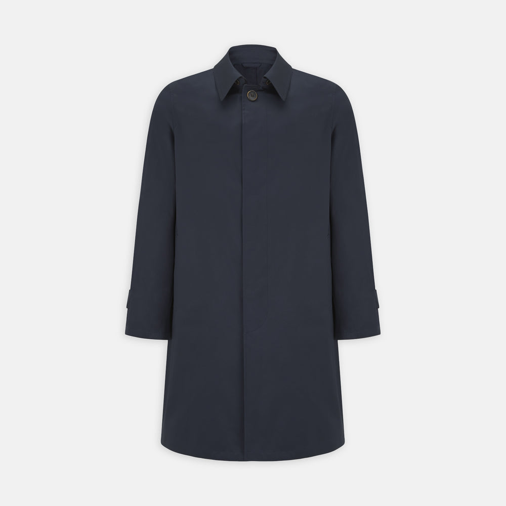 The Navy Cotton Car Coat by Turnbull & Asser features Loro Piana cotton with Rain System technology, a classic collar, concealed buttons, and long sleeves. Shown here in dark navy on a plain white background.
