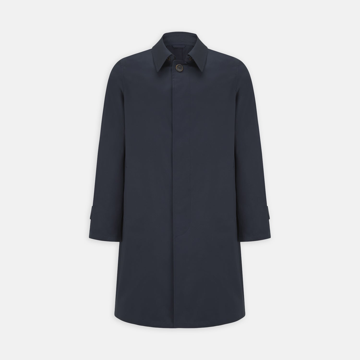 View 1 of product The Navy Cotton Car Coat by Turnbull & Asser features Loro Piana cotton with Rain System technology, a classic collar, concealed buttons, and long sleeves. Shown here in dark navy on a plain white background.