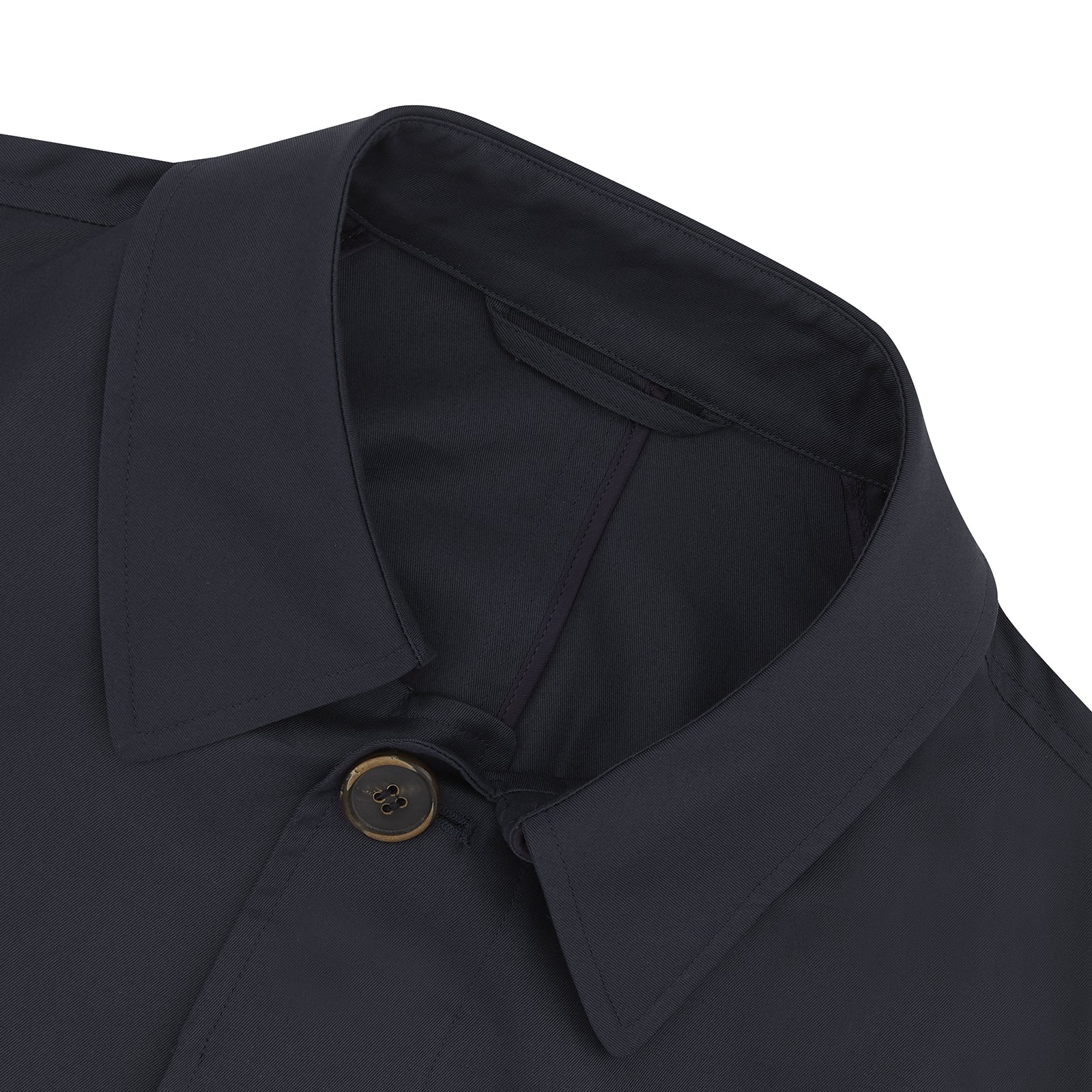 View 2 of product The Navy Cotton Car Coat by Turnbull & Asser features Loro Piana cotton with Rain System technology, a classic collar, concealed buttons, and long sleeves. Shown here in dark navy on a plain white background.
