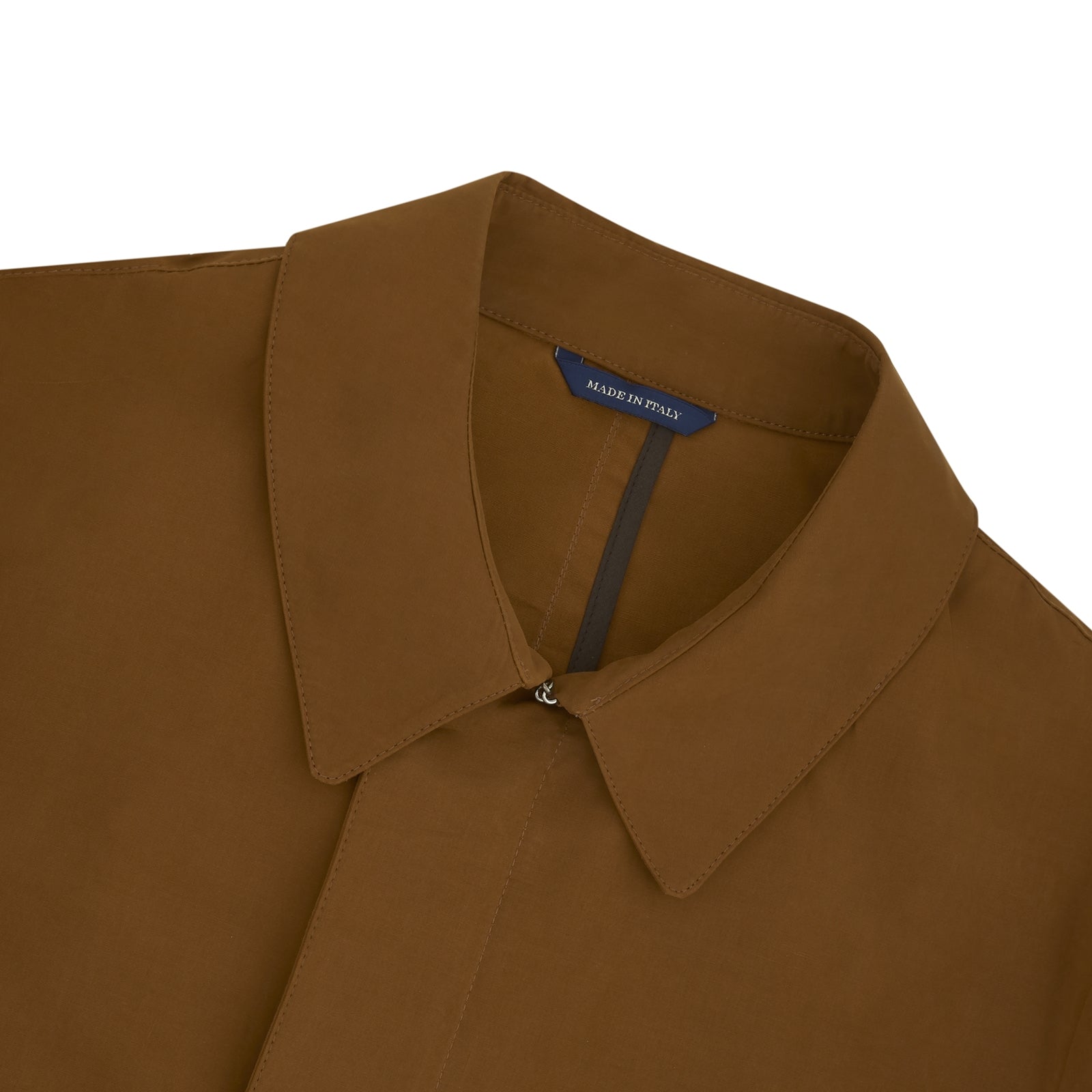 View 5 of product The Turnbull & Asser Dark Khaki Cotton Car Coat features a classic collar, long sleeves, front welt pockets, tailored fit, and concealed button closure in a knee-length modern design, shown against a plain white background.