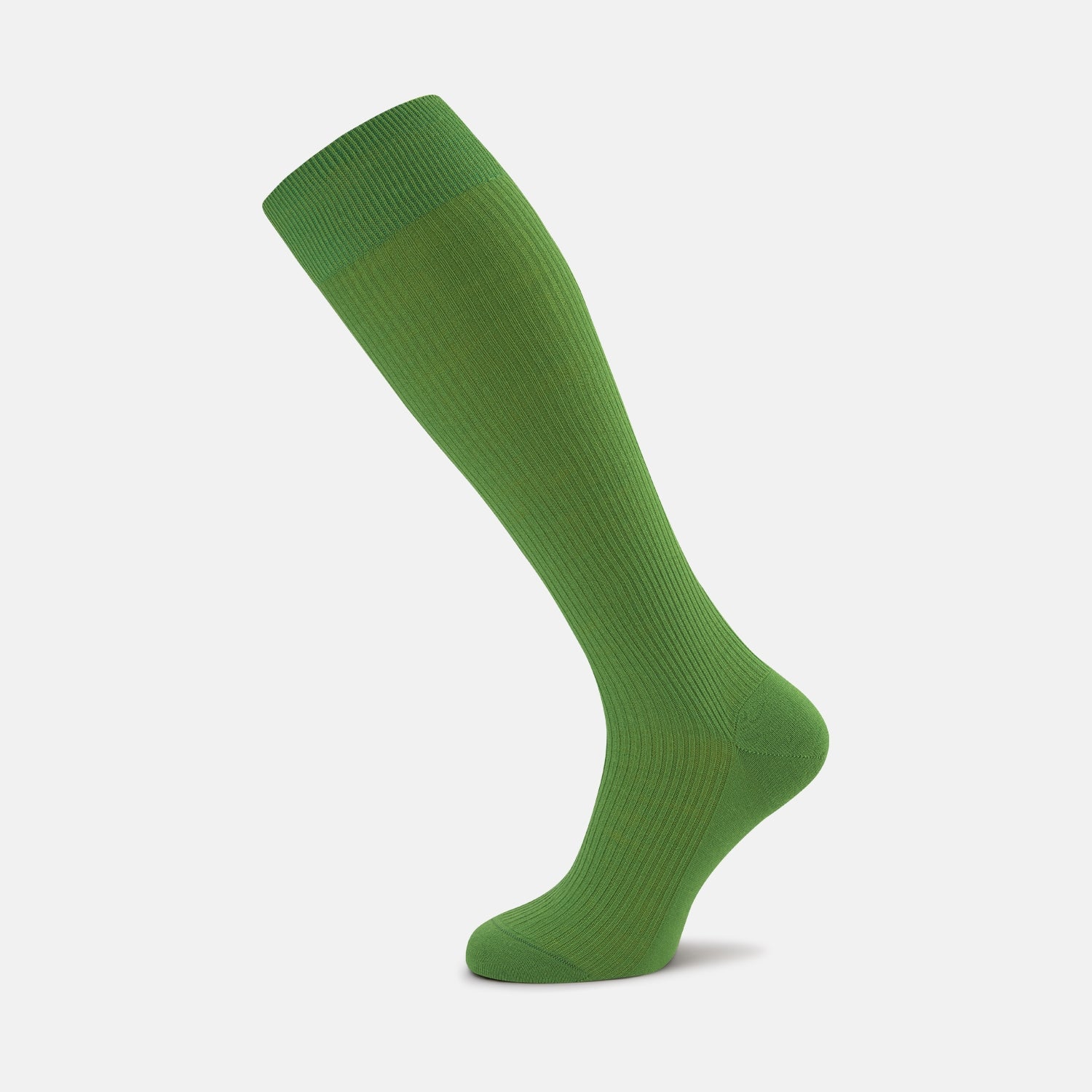 View 1 of product A single Turnbull & Asser Green Long Merino Wool Sock is shown in side profile on a white background, its ribbed texture and snug fit visible—ideal for those seeking luxury men's socks.