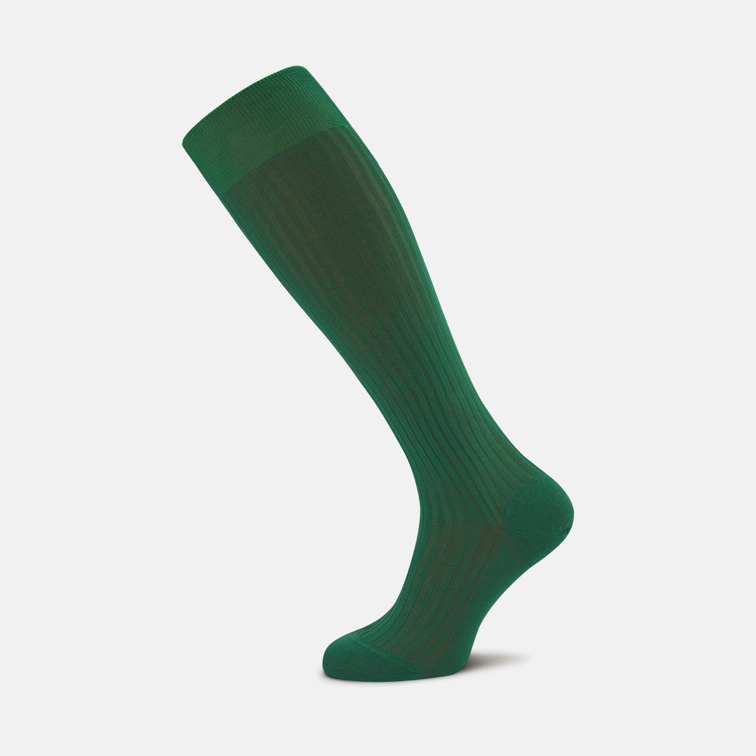 View 1 of product A single Turnbull & Asser MSOC006-ZBG050 3/4 green cotton men's sock is displayed in side profile on a white background, showing the heel and toe.