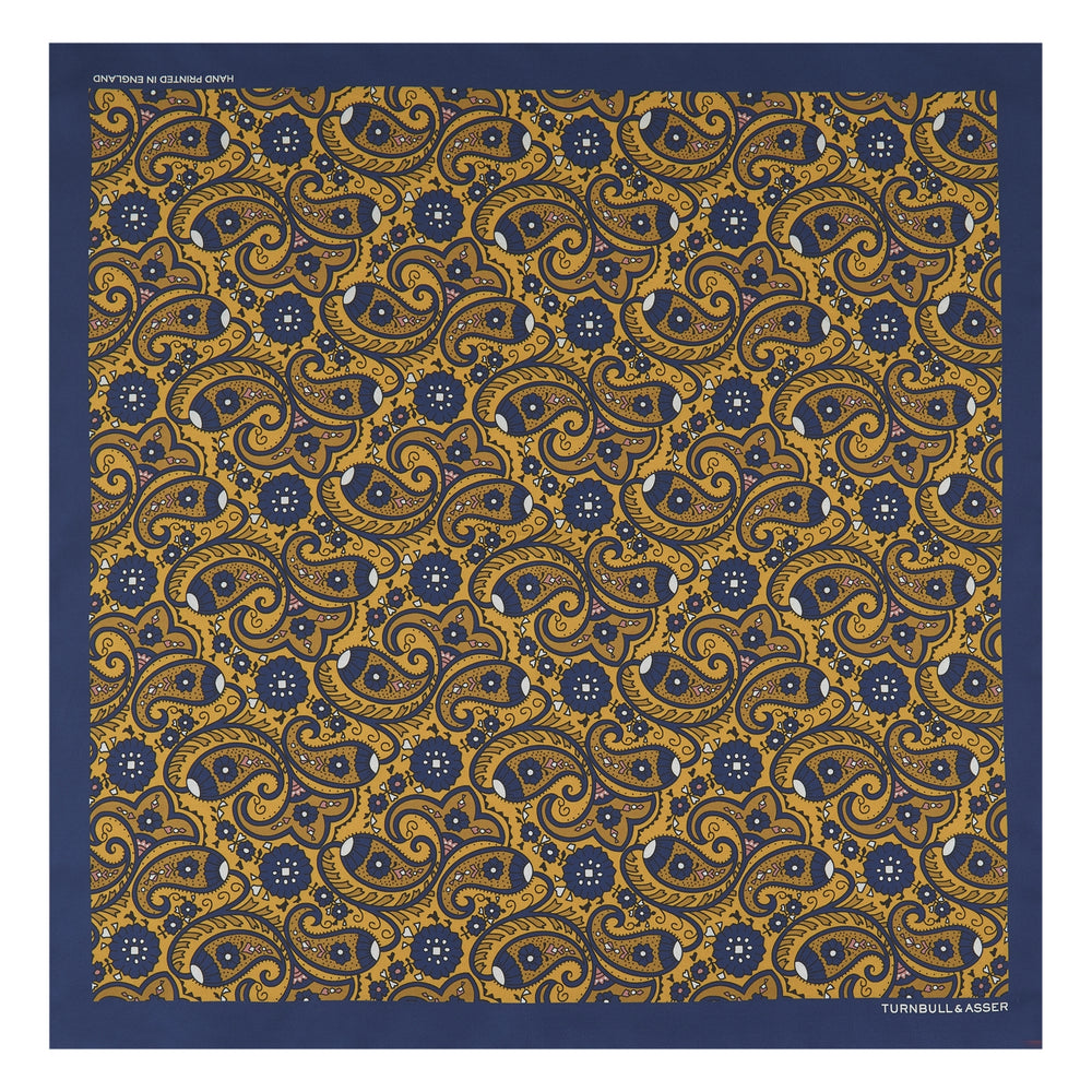 Yellow and Navy Paisley Swirl Silk Pocket Square
