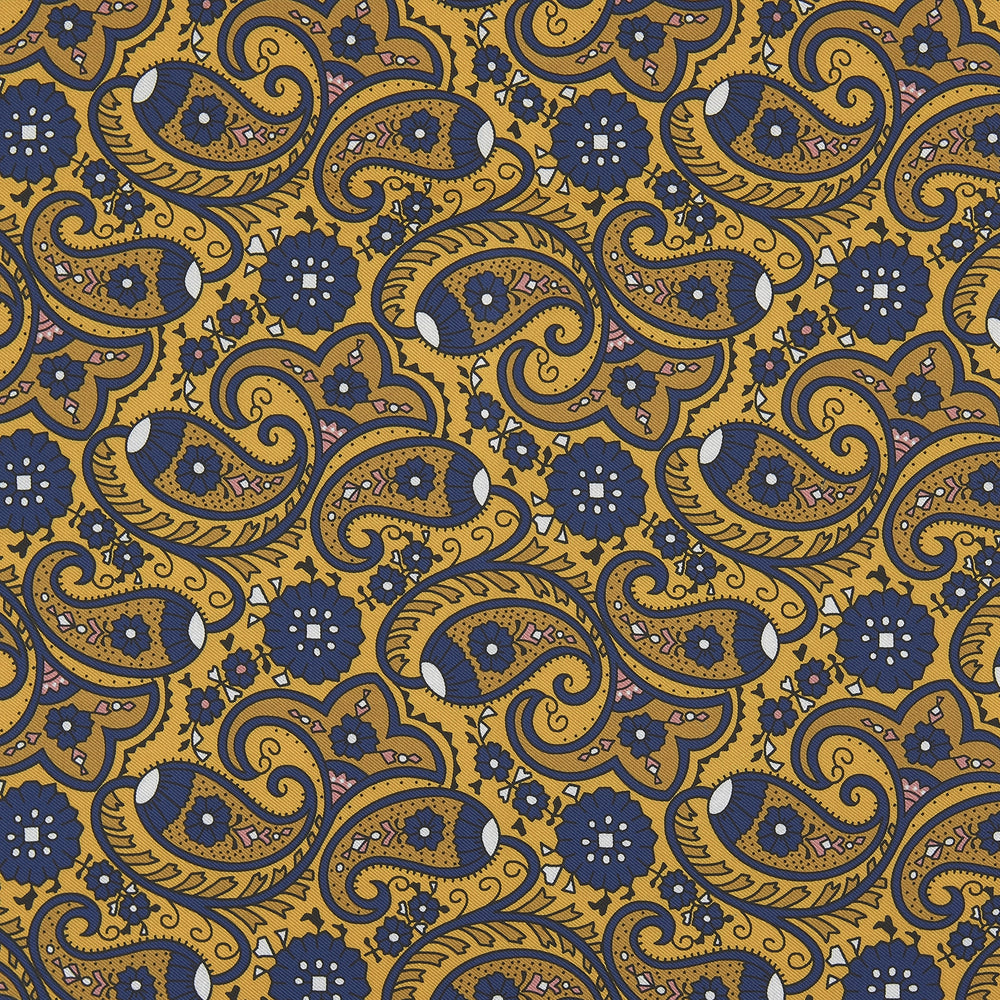 Yellow and Navy Paisley Swirl Silk Pocket Square