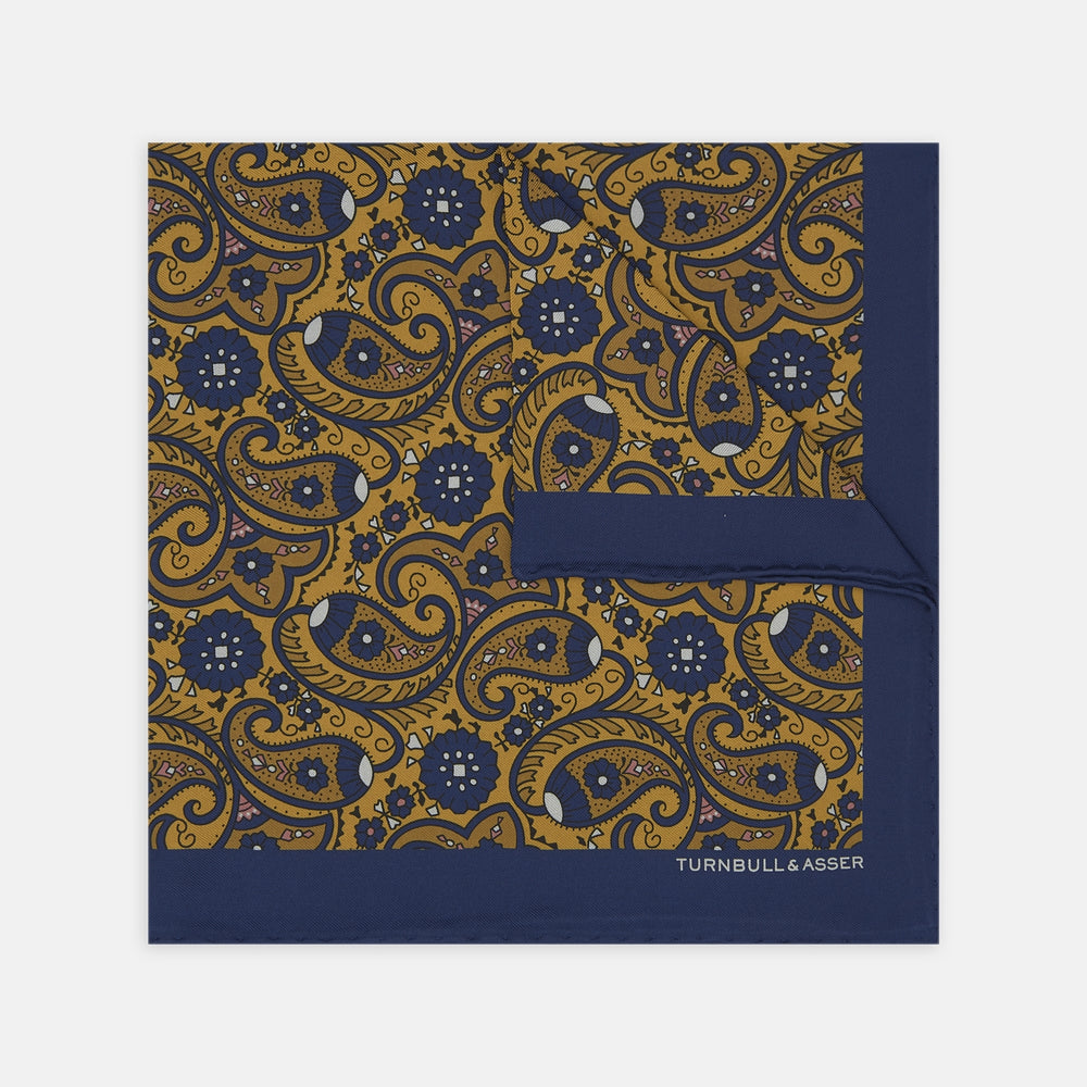 Yellow and Navy Paisley Swirl Silk Pocket Square