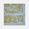 View 1 of product A folded Light Blue and Yellow Large Paisley Silk Pocket Square by Turnbull & Asser features an intricate paisley design. The brand name appears in white on the bottom right corner.