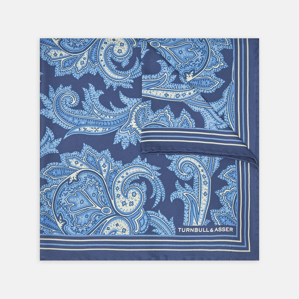 Blue Large Paisley Silk Pocket Square