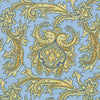 View 3 of product A folded Light Blue and Yellow Large Paisley Silk Pocket Square by Turnbull & Asser features an intricate paisley design. The brand name appears in white on the bottom right corner.