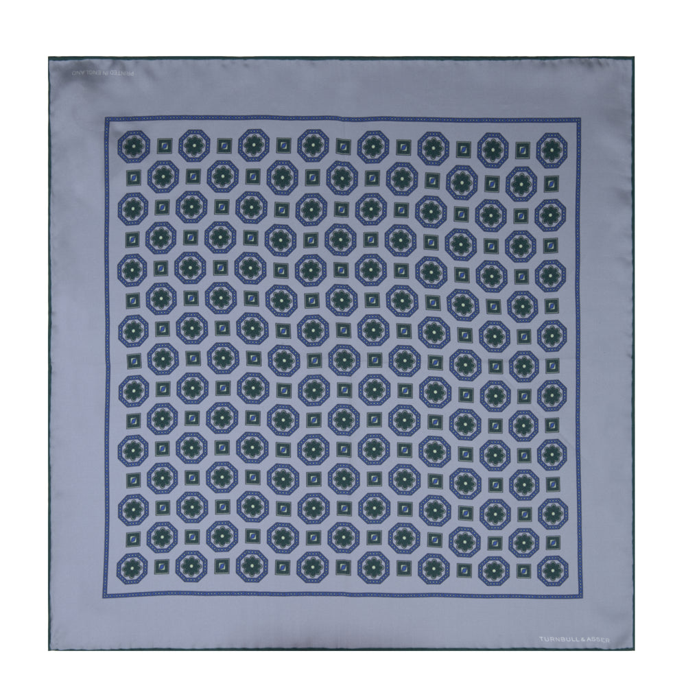 Pastel Blue and Green Medallion Silk Pocket Square
