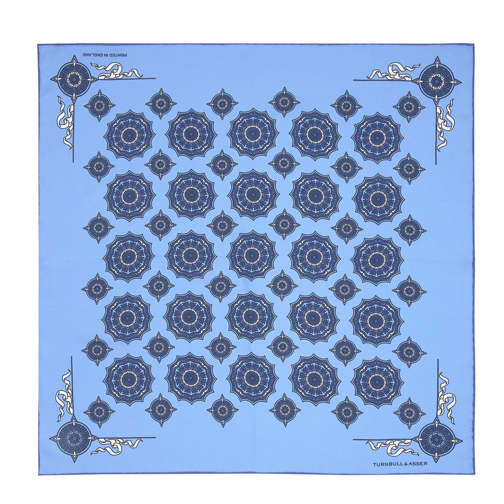 Sky Blue and Navy Compass Silk Pocket Square