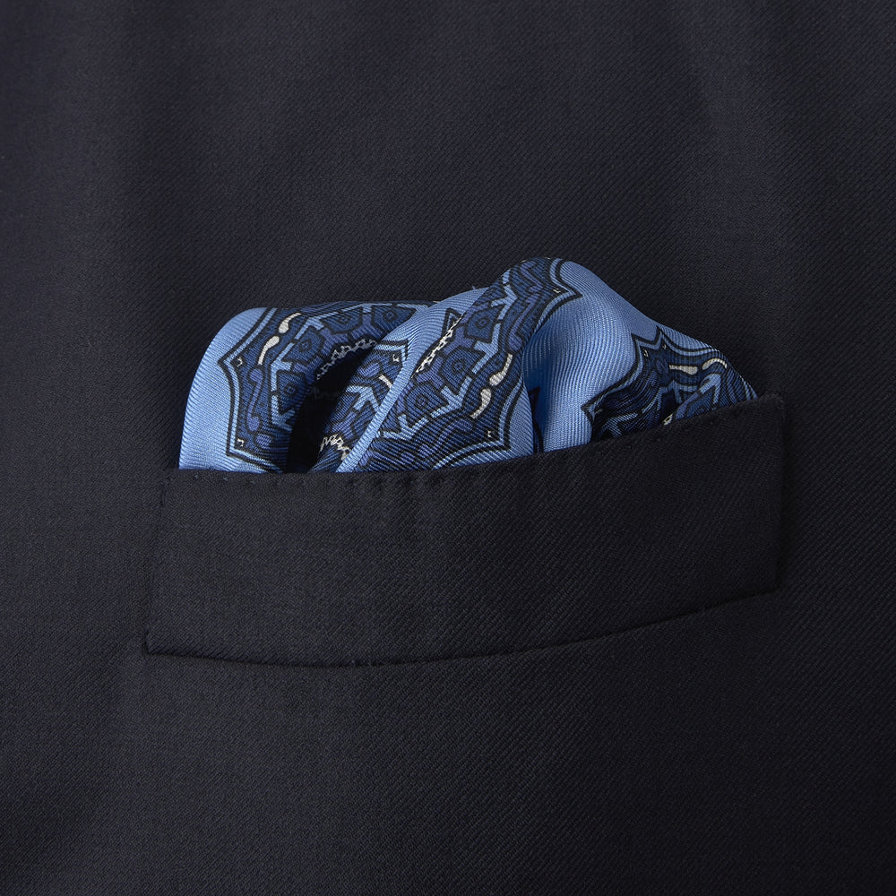 Sky Blue and Navy Compass Silk Pocket Square