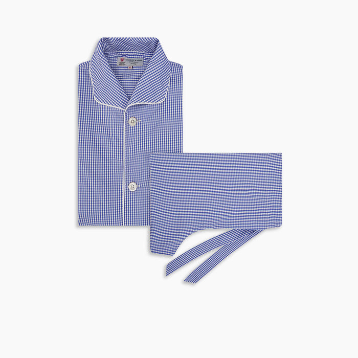 Mid Blue Gingham Check Piped Cotton Pyjama Set Image 4