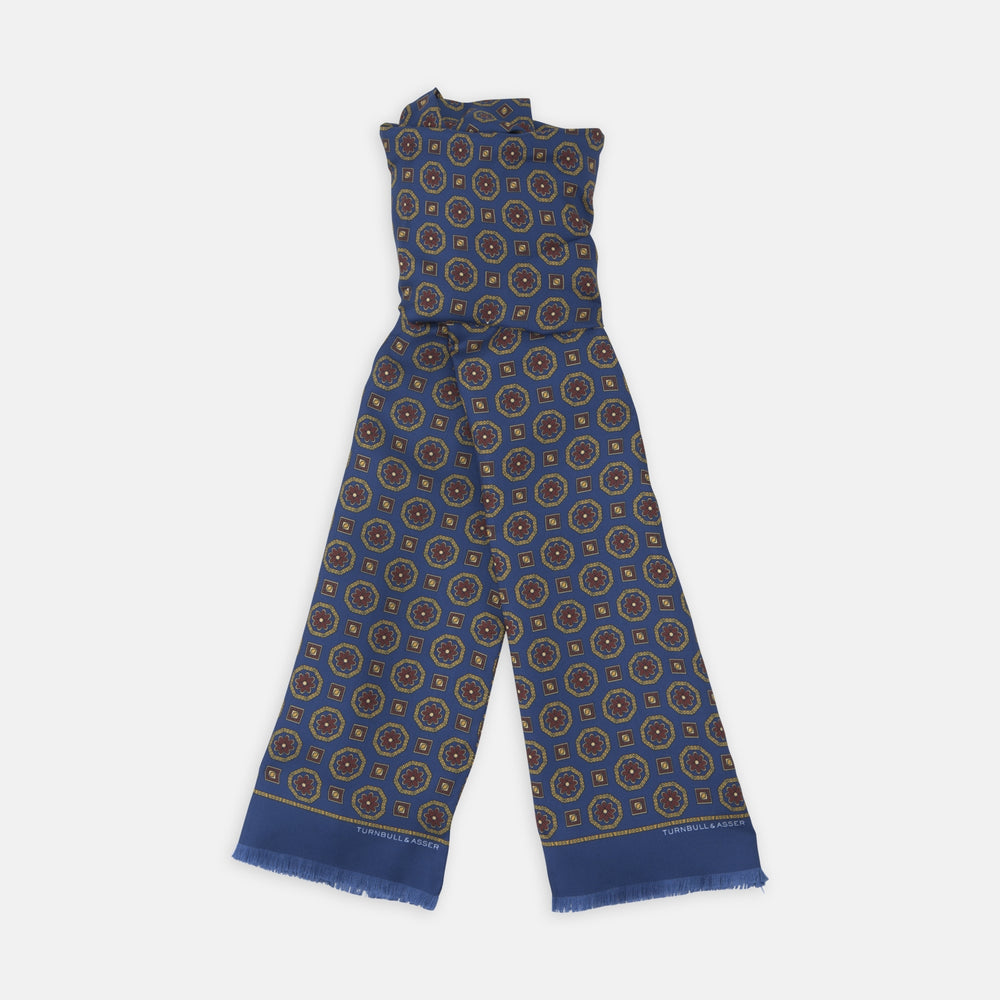 Navy Medallion Print Silk Scarf