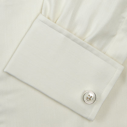 Cream Herringbone Superfine Cotton Shirt with T&A Collar and Double Cuffs Image 5